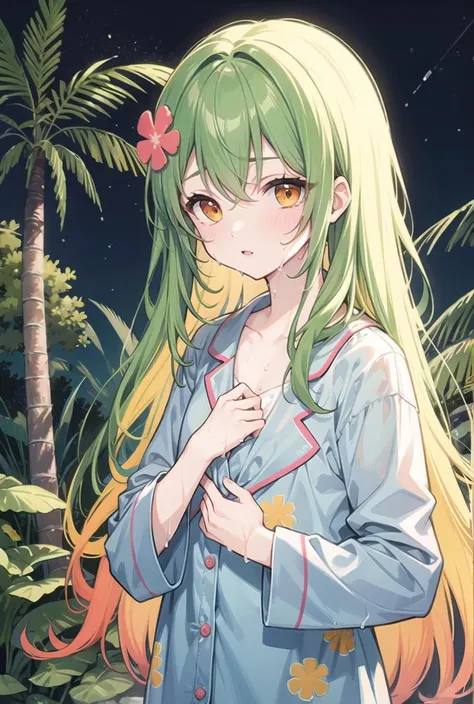 (pixiv masterpiece),masterpiece, best quality, 1girl,cute,kawaii, flat chest, green hair, orange eyes,clover hair ornament, long hair, disheveled hair, messy hair,jungle, many trees,night,(fire),pajamas, wet hair