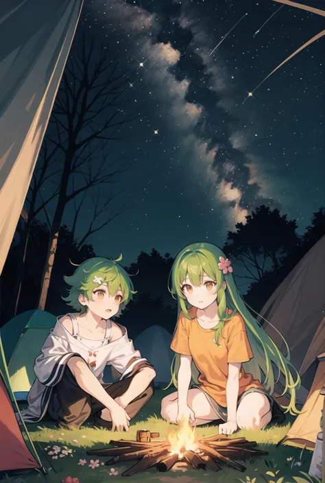 (pixiv masterpiece),masterpiece, best quality, 1girl,cute,kawaii, flat chest, green hair, orange eyes,clover hair ornament, long hair, disheveled hair, messy hair,  glad,jungle, many trees,night,stars,(camping),fire,sparkle,