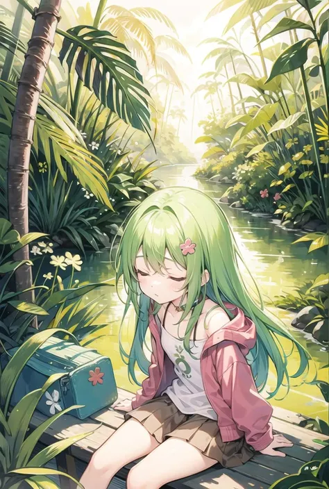(pixiv masterpiece),masterpiece, best quality, 1girl,cute,kawaii, flat chest, green hair, clover hair ornament, long hair, disheveled hair, messy hair, closed eyes, glad,jungle, many trees,sunshine,sitting