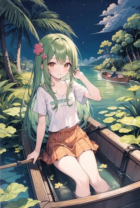 (pixiv masterpiece),masterpiece, best quality, 1girl,cute,kawaii, flat chest, green hair, orange eyes,clover hair ornament, long hair, disheveled hair, messy hair, glad,jungle, many trees,night,stars,rowboat, rowing boat