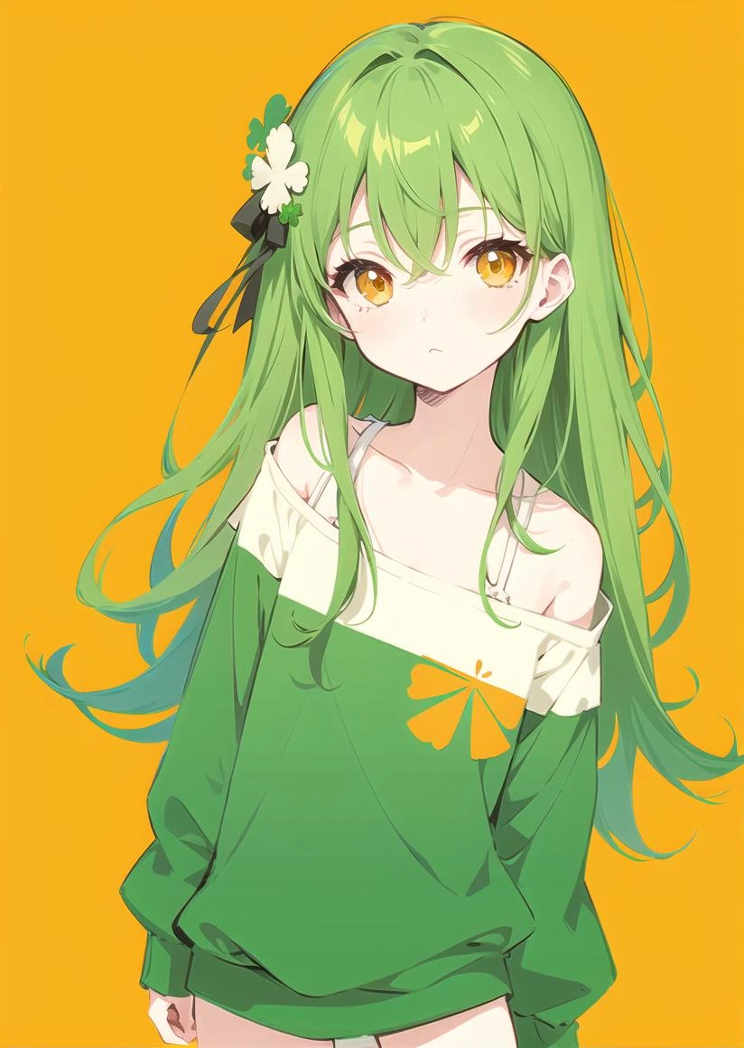flat color,graphic art,1girl,cute,kawaii,flat chest,green hair,orange eyes,clover hair ornament,long hair,disheveled hair,messy hair