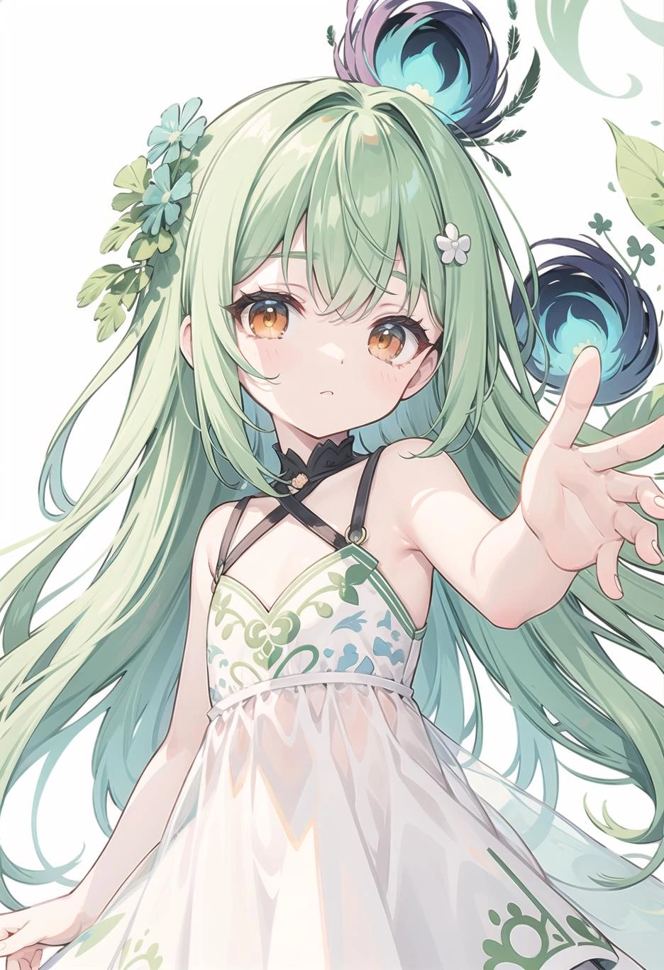(pixiv masterpiece),masterpiece, best quality,cute,kawaii, flat chest, green hair,orange eyes,clover hair ornament, ((long hair)), disheveled hair, messy hair,lucency full dress,peacock feathers,stretched hand,facing viewer,