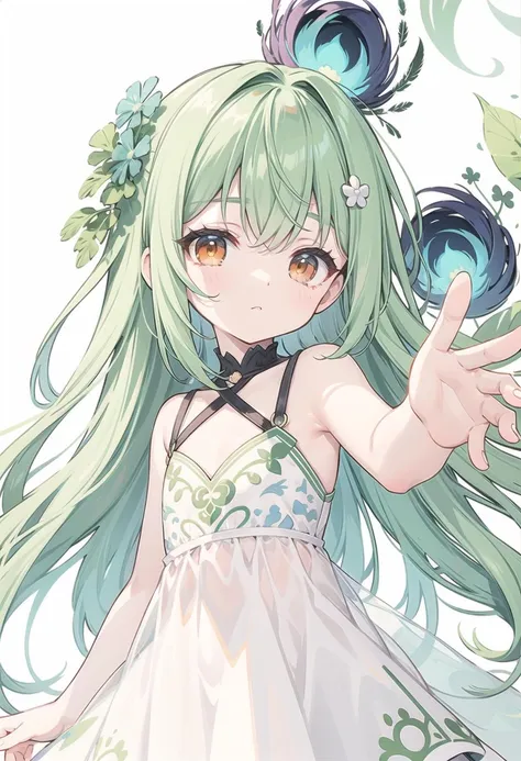 (pixiv masterpiece),masterpiece, best quality,cute,kawaii, flat chest, green hair,orange eyes,clover hair ornament, ((long hair)), disheveled hair, messy hair,lucency full dress,peacock feathers,stretched hand,facing viewer,