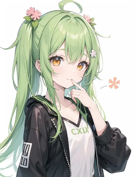 (pixiv masterpiece),masterpiece, best quality, 1girl,cute,kawaii, flat chest, green hair,orange eyes,clover hair ornament, long hair, disheveled hair, messy hair,smug,hand covered mouth