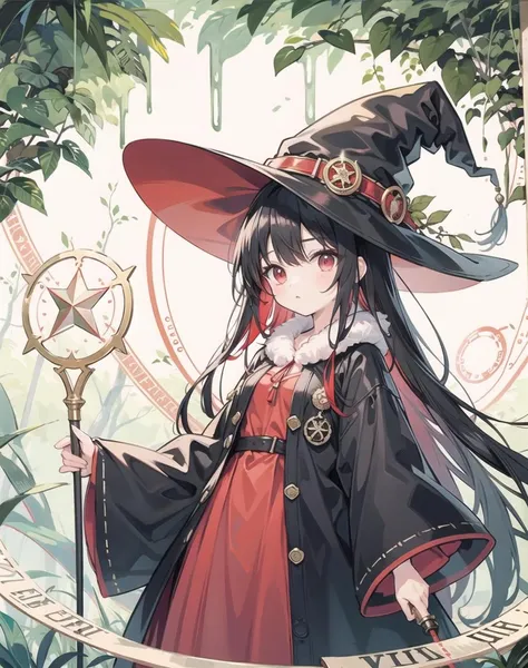 (pixiv masterpiece),masterpiece, best quality, 1girl,cute,kawaii, small breasts,,black hair,red eyes,long hair,((red inner hair)),floating hair,jungle, many trees, witch hat,magic circle,magic staff