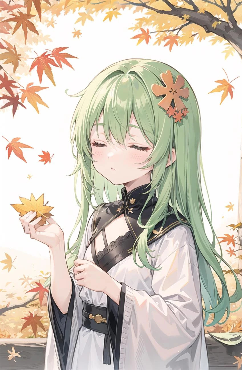(pixiv masterpiece),masterpiece, best quality, 1girl,cute,kawaii, flat chest, green hair,closed eyes,clover hair ornament, long hair, disheveled hair, messy hair,holding maple leaf,smelling,maple tree,autumn, masterpiece, best quality,