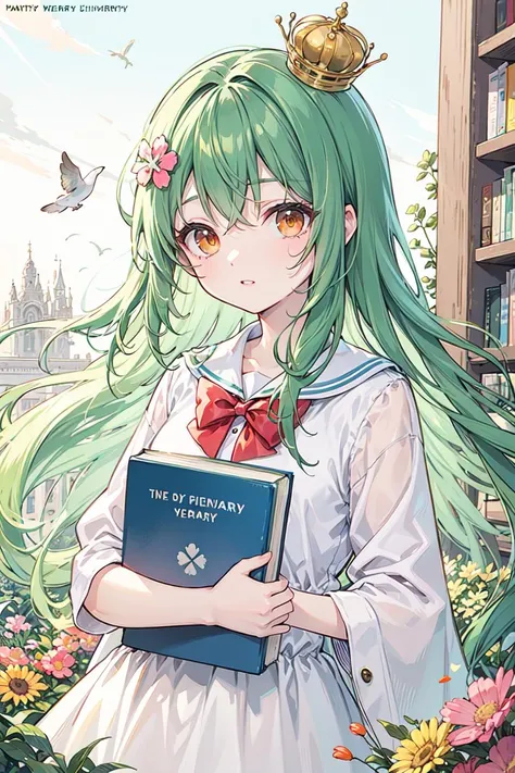 tmasterpiece,best qualityer,1girl,solo,nahida_genshin,Chinese student,((Chinese school uniform)),green eyes,more details on eyes,((school bag)),school girl,whiter hair,green hair,a book on hand