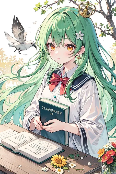 (pixiv masterpiece),best quality,green hair,orange eyes,clover hair ornament,long hair,disheveled hair,messy hair,crown,jewelry,depth of field,birds,1th anniversary,sunlight,holding a book,princess dress,at school,flowers,