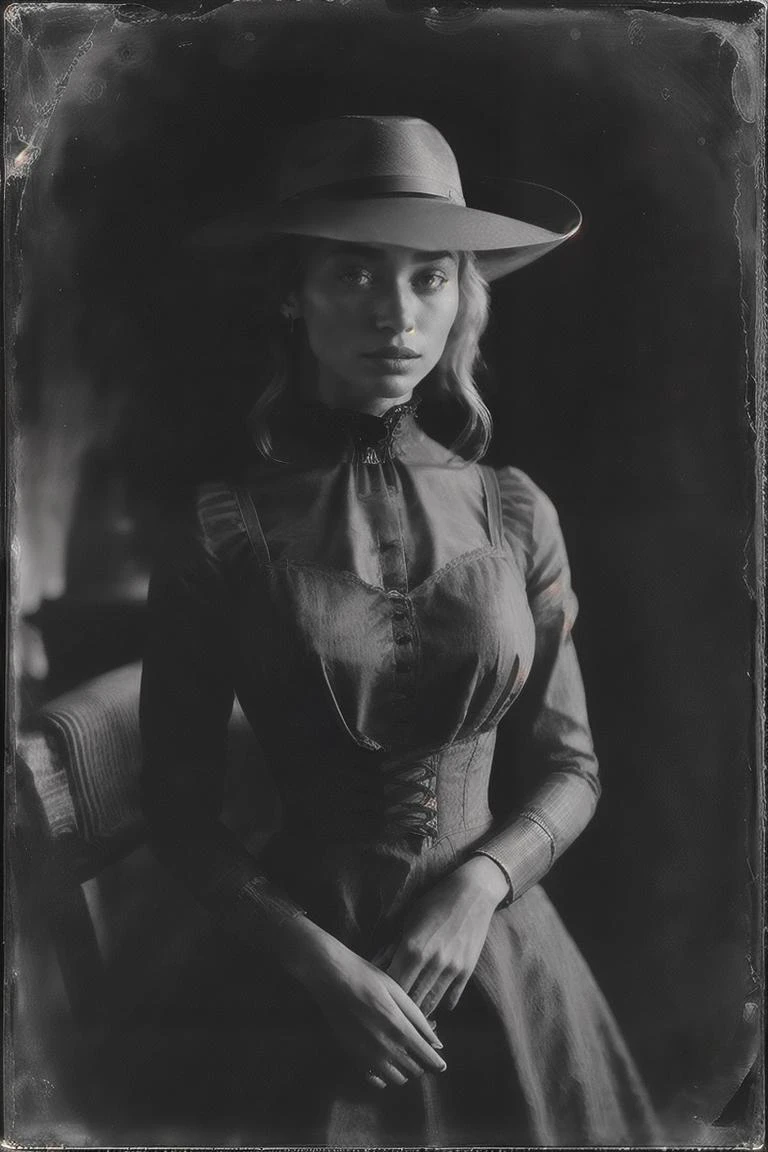 studio portrait of RoxieCipher, cowgirl, wearing high neck victorian dress, old west, analog, grainy, dust, scratches, blurry, Daguerreotype, Gelatin silver, Collodion_Photo, sepia, matthew brady, <lora:LowRA:0.75> <lora:Collodion_Photo:1>
