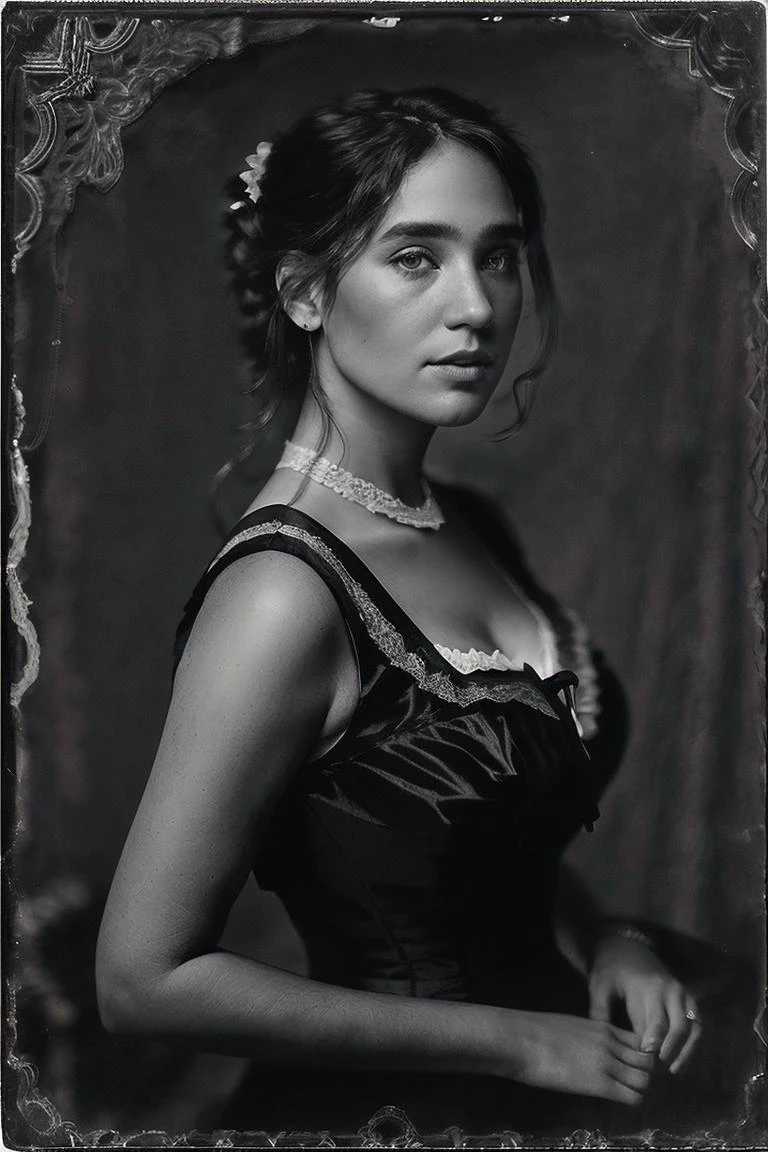 studio portrait of jenn1f1850, victorian woman, wearing high collar victorian gown, lace, satin, jaquard, 1800s, analog, grainy, dust, scratches, blurry, Daguerreotype, Gelatin silver, Collodion_Photo, sepia <lora:LowRA:0.8> <lora:Collodion_Photo:0.95>