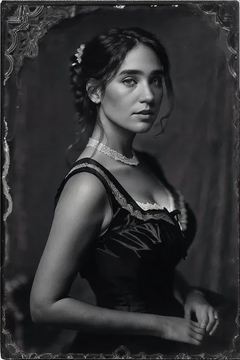 studio portrait of  jenn1f1850, victorian woman, wearing high collar victorian gown, lace, satin, jaquard, 1800s, analog, grainy, dust, scratches, blurry, Daguerreotype, Gelatin silver, Collodion_Photo, sepia <lora:LowRA:0.8> <lora:Collodion_Photo:0.95>