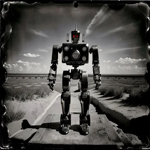 <lora:Collodion_Photo:0.97>, best quality, Collodion_Photo, 4k, photo of a killer robot, masterpiece, highly detailed,