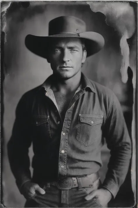 studio photo of BobbyCipher as a cattle rustler in the 1800s, denim pants, wanted poster, cowboy, analog, grainy, dust, scratches, blurry, Daguerreotype, Gelatin silver, Collodion_Photo, sepia <lora:LowRA:0.8> <lora:Collodion_Photo:1>