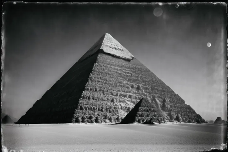 RAW photo, the Great Pyramid, by Collodion_Photo <lora:Collodion_Photo_S:0.9>, (high detailed texture:1.2), 8k uhd, dslr, cinematic lighting, hasselblad, black and white