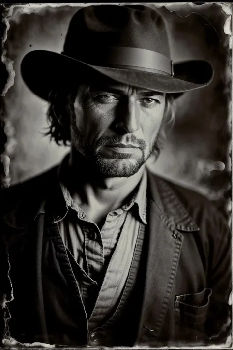 RAW photo, analog style, a cowboy by Collodion_Photo <lora:Collodion_Photo_S:0.8>, (high detailed skin:1.2), 8k uhd, dslr, cinematic lighting, hasselblad, black and white