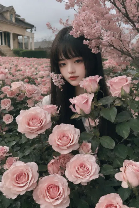 Moody,atmospheric,painterly,fine details,cinematic composition,Warm lighting,gentle,nostalgic,flower,pink roses,tranquil,evocative,hazy atmosphere,a sense of solitude,dreamlike atmosphere,high level of detail,evocative color palette,8K resolution,<lora:yzym:0.6:face> <lora:darkstyle_20230615161134:0.4:CLOTHING> <lora:WarmLight:0.7><lora:dreamflower:0.4> <lora:FlowerGarden_v1:0.4>