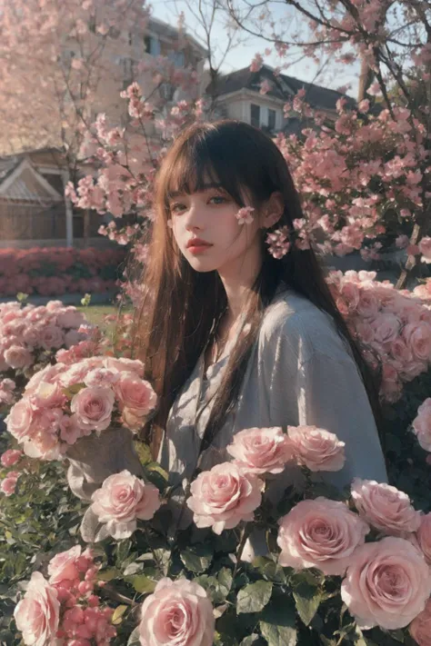 Moody,atmospheric,painterly,fine details,cinematic composition,Warm lighting,gentle,nostalgic,flower,pink roses,tranquil,evocative,hazy atmosphere,a sense of solitude,dreamlike atmosphere,high level of detail,evocative color palette,8K resolution,<lora:yzym:0.6:face> <lora:darkstyle_20230615161134:0.4:CLOTHING> <lora:WarmLight:0.7><lora:dreamflower:0.4> <lora:FlowerGarden_v1:0.4>