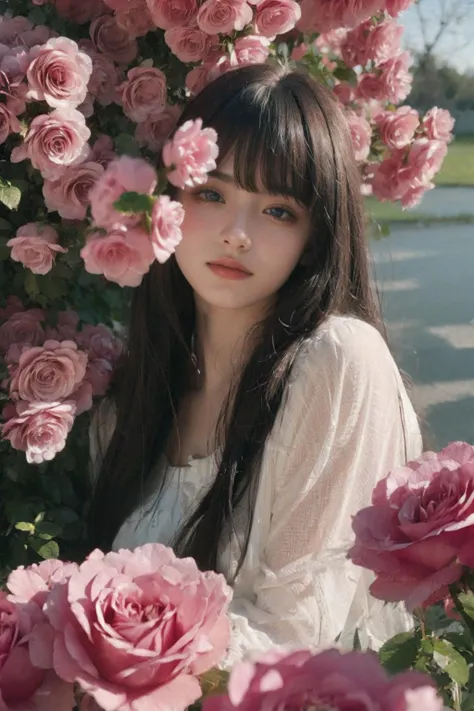 Moody,atmospheric,painterly,fine details,cinematic composition,Warm lighting,gentle,nostalgic,flower,pink roses,tranquil,evocative,hazy atmosphere,a sense of solitude,dreamlike atmosphere,high level of detail,evocative color palette,8K resolution,<lora:yzym:0.6:face> <lora:darkstyle_20230615161134:0.4:CLOTHING> <lora:WarmLight:0.7><lora:dreamflower:0.4> <lora:FlowerGarden_v1:0.4>