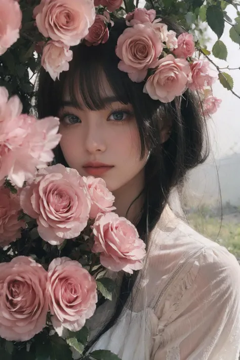 Moody,atmospheric,painterly,fine details,cinematic composition,Warm lighting,gentle,nostalgic,flower,pink roses,tranquil,evocative,hazy atmosphere,a sense of solitude,dreamlike atmosphere,high level of detail,evocative color palette,8K resolution,<lora:yzym:0.6:face><lora:darkstyle_20230615161134:0.4:CLOTHING> <lora:WarmLight:0.7><lora:dreamflower:0.4><lora:FlowerGarden_v1:0.4>