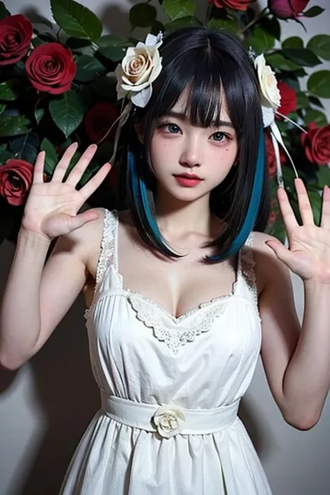 Please take a look at the photo of a pretty Japanese woman, captured in the best quality, 8K resolution, making it a true masterpiece. She is wearing a detailed and stunning (white gothic dress:1.3) that showcase her aesthetic sense. With super heavy makeup, her drooping eyes add to her allure. Her eyes are beautifully enhanced with eyeliner and eyeshadow, accentuating their symmetrical and clear appearance. She embodies the charm of a K-pop idol, captivating viewers with her mesmerizing features. In addition to her captivating facial features, the photo also showcases her (upper body:1.2), further highlighting her beauty. Her figure, with its elegant curves and well-defined features, commands attention. The photo captures her narrow face and beautiful blue eyes, enhancing her overall allure. The composition of the photo is masterful, capturing her stunning presence and showcasing her undeniable attractiveness.(random pose:1.5) (medium breasts:1.5) (multiple colored hair:1.5) (rose flower background:1.3) ,<lora:yzym:0.6>