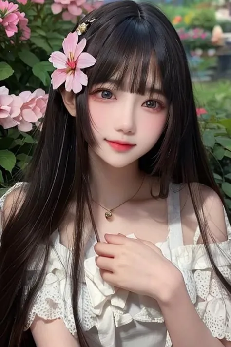 hippie girl, long colorful hair, radiant face, sparkling eyes, dd cups, background flower garden, <lora:yzym:0.8>