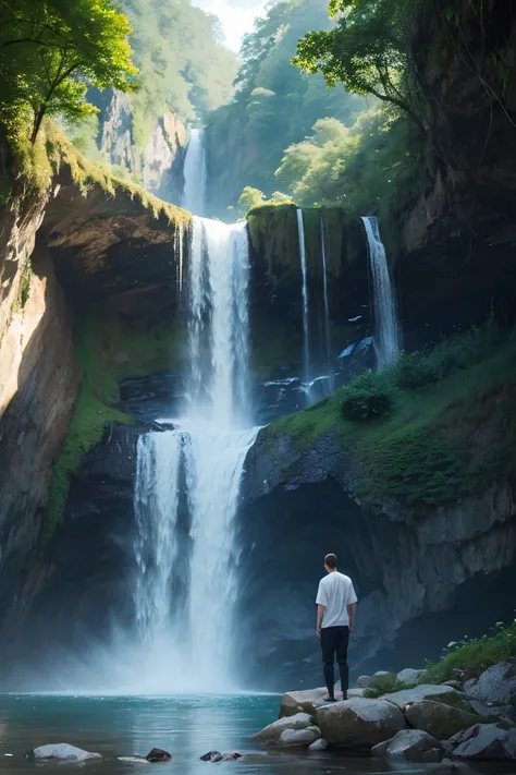 ((best quality)), ((masterpiece)), (detailed), perfect face there is a man standing on a rock in front of a waterfall, next to a waterfall, standing near a waterfall, standing in a waterfall, standing inside a waterfall, standing in front of a waterfall, bathing in a waterfall, playing in waterfalls, solitude under a waterfall, in a cave with the waterfall, under a waterfall, with a waterfalls, Anime style, high detail, anime, anime style, super detail, high details