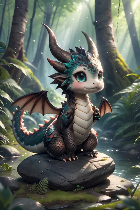 ral-smoldragons, a small dragon sitting on a rock in the middle of a forest <lora:ral-smoldragons:0.8>ï¼best quality,masterpiece,