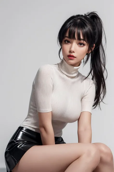 (ultra realistic,32k, masterpiece:1.2),(high detailed skin:1.1),( 8k uhd, dslr, high quality:1.1),
1girl, black hair, bangs andy ponytail, (black shiny short skirt), (white matte turtleneck dress, short slevees),, , <lora:add_detail:0.75>, (red lips:0.8), (mascara:1.1),huge breast,
(looking at viewer, sitting, from below:1.1),
,(glowwave:1.1),blank background