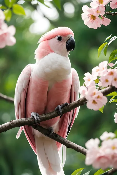 <lora:more_details:0.3>,RAW photo,Pink and white cest galah cockatoo bird in a tree with green leaves and flowers ,cute big circular reflective eyes, unreal engine cinematic smooth, intricate detail,film grain,Fujifilm XT3,