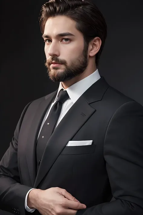 a handsome man in his 30s in a black suit and tie, ceo, brown hair and beard, (Man in black suit and tie), ), (Use a beard,) Attractive and serious look, short dark hair, Stylish and elegant, Suit-fit shave and strong body, (hightquality, Realistic images), Dark black and light on image background, Film Style, ((top-quality, 8K, âmasterpiece), ultra hi definition photo, (beautiful faces detailed, detail skin texture, hyperdetailed body:1.1),<lora:GoodHands-beta2:1>
