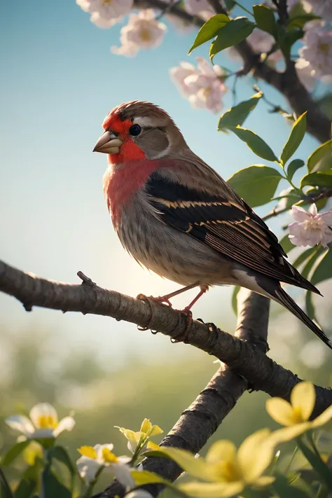 <lora:more_details:0.3>,a tiny finch on a branch with spring flowers on background:1,aesthetically inspired by Evelyn De Morgan,art by Bill Sienkiewicz and Dr. Seuss,ray tracing,volumetric lighting,octane render