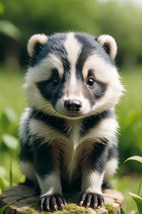 zhibi, chibi, badger, small badger, chibi badger, cute, looking at viewer, blurry, no humans, depth of field, blurry background, animal, grass, plant, realistic, animal focus,<lora:ral-zhibi:0.7>