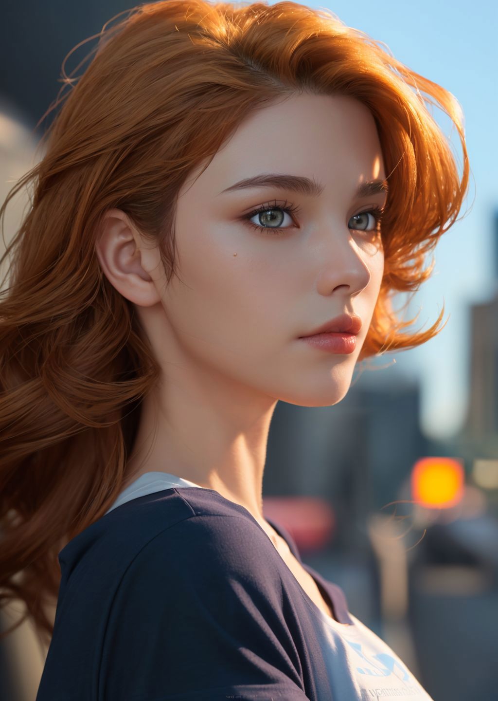 A woman with red hair and blue eyes standing in front of a city - SeaArt AI