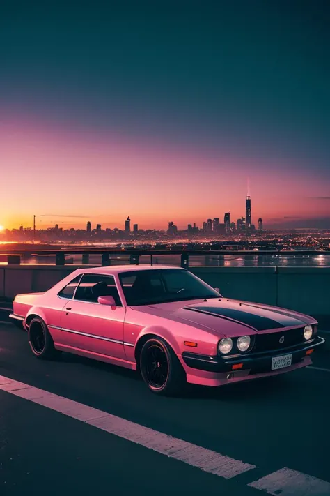 Futuristic car parked with a city in the background,car in the center of the photo,retro neon,retrowave art,sunset,extremely detailed, realistic,