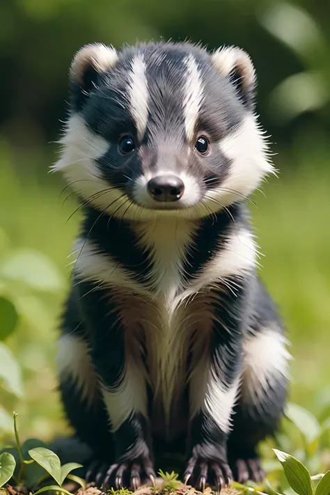 zhibi, chibi, badger, small badger, chibi badger, cute, looking at viewer, blurry, no humans, depth of field, blurry background, animal, grass, plant, realistic, animal focus,<lora:ral-zhibi:0.7>