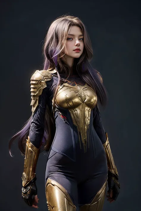(masterpiece, top quality, best quality, official art, beautiful and aesthetic:1.2), (1 girl:1.3), grey eyes, violet flying hair, very long hair, model photo pose, gold spiderman armor suit, (fractal art:1.2), European town, European street, Cowboy shot, <lora:CyberBeautyV30:0.9>, <lora:OC:0.33>, <lora:more_details:1>,