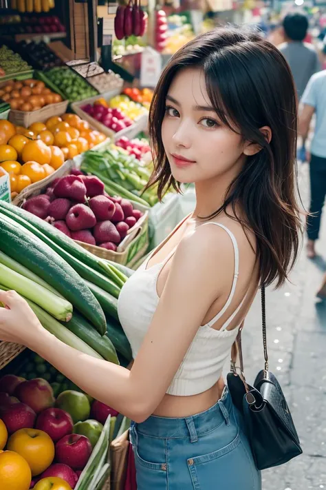 Beautiful girl of half Korean-Chinese descent (Small) Tight t-shirt showing nipples, black panties, Pale white skin, pictures in thailand... ,(Water park), Bangkok. Thailand holds plastic bags , Buy vegetables at the market