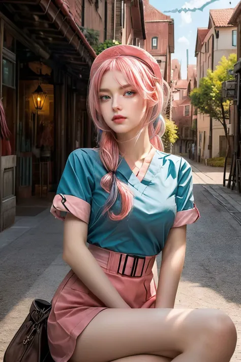 (masterpiece, top quality, best quality, official art, beautiful and aesthetic:1.2), (1 girl:1.3), cyan eyes, pink flying hair, ponytail, sitting, brown nurse uniform with hat, (fractal art:1.2), European town, European street, Cowboy shot, <lora:CyberBeautyV30:0.9>, <lora:OC:0.33>, <lora:more_details:1>,