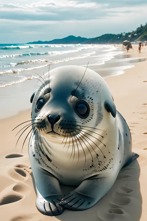 zhibi, chibi, seal, small seal, chibi seal, cute, on the beach,<lora:ral-zhibi:0.7>