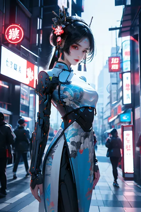 1 girl,chinese_clothes,in white and blue,cyberhanfu,Cheongsam,cyberpunk city,dynamic pose,Headdress,hair ornament,long hair,cyberpunk,a high-tech city,full of machinery and futuristic element,futurism,technology,<lora:cyberhanfu_20230617014620:0.8>,