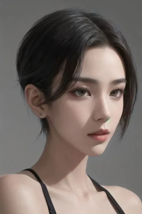 natural skin,(close-up:1.0) photo of as (young:1.0) woman, (oiled skin:1.0), (tilted angle shot:1.0), (slick undercut hair:1.2), (8k uhd:1.0), (best quality:1.0), (masterpiece:1.0), (sharp focus:1.0), (basic grey backdrop:1.0), <lora:GoodHands-beta2:1>
