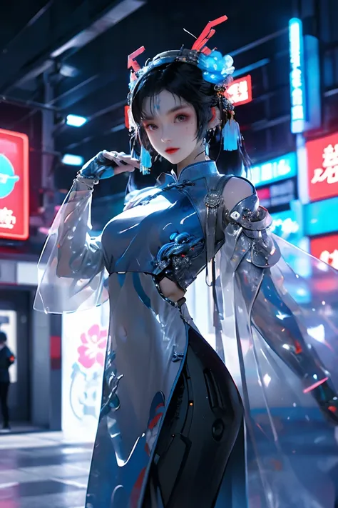 1 girl,chinese_clothes,in white and blue,cyberhanfu,Cheongsam,cyberpunk city,dynamic pose,Headdress,hair ornament,long hair,cyberpunk,a high-tech city,full of machinery and futuristic element,futurism,technology,<lora:cyberhanfu_20230617014620:0.8>,