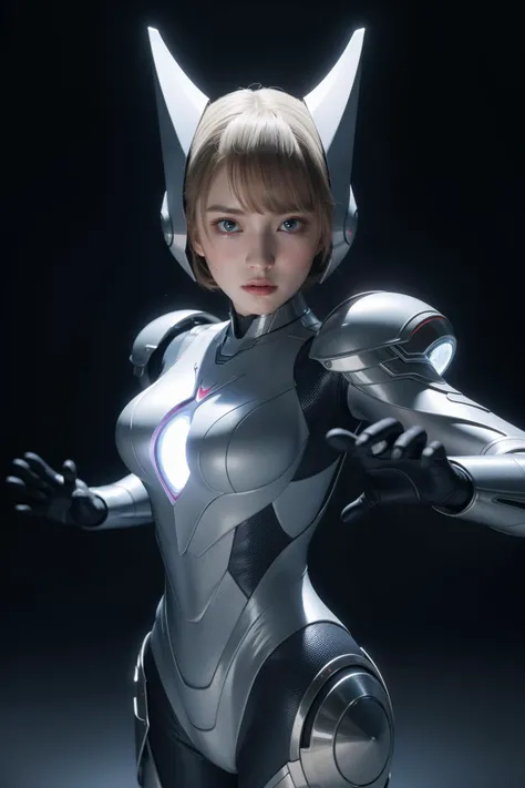 (masterpiece, best quality, official art, beautiful and aesthetic),precise facial structure,extremely detailed and beautiful aesthetic face,8k resolution,ethereal,realistic fantasy,surrealism,high-resolution,ultra-futuristic environment,raw photo,1girl,ultra man bodysuit,battle pose,, masterpiece, best quality,