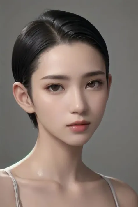 natural skin,(close-up:1.0) photo of as (young:1.0) woman, (oiled skin:1.0), (tilted angle shot:1.0), (slick undercut hair:1.2), (8k uhd:1.0), (best quality:1.0), (masterpiece:1.0), (sharp focus:1.0), (basic grey backdrop:1.0), <lora:GoodHands-beta2:1>