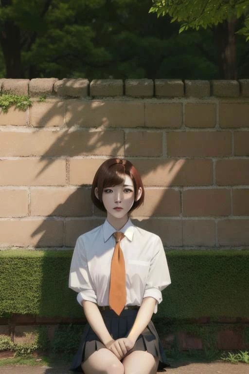 1woman, short hair, asymmetric hair, hime cut, white collared shirt, black pleated skirt, necktie, mira_yoo, short hair, brown eyes, brown hair, she is sitting at brick wall, water flooe, tree canopy, sunlit, weak lights and shadows