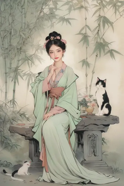 realistic, photorealistic, best quality, masterpiece, ultra high res, finely detailed, quality, realistic lighting, detailed skin, intricate details, raw photo, absurdres, highres, ultra detailed, BREAK, 1girl, solo, looking at viewer, 18 years old, hand of Guido Daniele, (jewelry, black hair, full body, hanfu, white background, sitting on stone, flower, bamboo, (cat:1.3), Exquisite floral, hair ornament, tree, butterfly, hair flower, table, vase, high contrast colours, vibrant colors, smug expression, grin, Dynamic Pose, Dynamic Angle, colorful, long eyelashes, complex background, full-face blush, parted lips, solo focus, blush), (beautifu and aesthetic face, detailed face, clean facial features, an extremely delicate and beautiful, beautiful detailed eyes, stars in the eyes, Pink lips, Glowing Eyes, perfect face, detailed pupils, Makeup:1.1), (nice hands, sexy, slim, large breasts, skinny, narrow waist, human anatomy:1.1), (detailed light, beautiful detailed glow, detailed background:1.1), (reflection, refraction, Rembrandt lighting, diffuse lighting, radiosity, photon mapping, subsurface scattering, dynamic lighting, Multi-exposure HDR capture, Screen Space Global Illumination, Ray Tracing, Lumen Reflections, Tone Mapping, volumetric lighting, Circular polarizer, broad lighting, dramatic lighting:1.1), BREAK, explosive light and shadow, sharp focus, film grain, rim lighting, two tone lighting, rim light, Overdetailed art, official art, beautiful and aesthetic, beautiful, elegant, vivid colours, warm tone, soft light, delicate, Ultrarealistic, Detailed illustration, extremely detailed CG Unity 8k wallpaper, PBR Texturing, huge filesize, 8k uhd, octane render, unreal engine 5, BREAK, <lora:GoodHands-beta2:1>, <lora:baimeitu1.0:1>