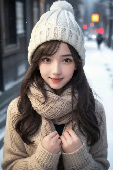 real human skin,natural skin,Candid photo of a young woman, kpop idol,age 20, wearing winter clothing with a warm scarf and a cozy hat, smiling gently, upper body framing, on a snowy street in Madrid under the soft diffused lighting of a cloudy winter day, shot at eye level on a Canon EOS 5D with a 50mm lens, in the style of Alberto Seveso., (masterpiece, best quality, hires, high resolution:1.2, 8k , high quality), extremely detailed, realistic, intricate details, highres
