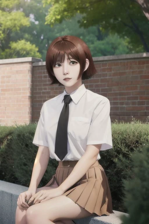 1woman, short hair, asymmetric hair, hime cut, white collared shirt, black pleated skirt, necktie, mira_yoo, short hair, brown eyes, brown hair, white collared shirt, black pleated skirt, she is sitting at brick wall, water flooe, tree canopy, sunlit, weak lights and shadows
