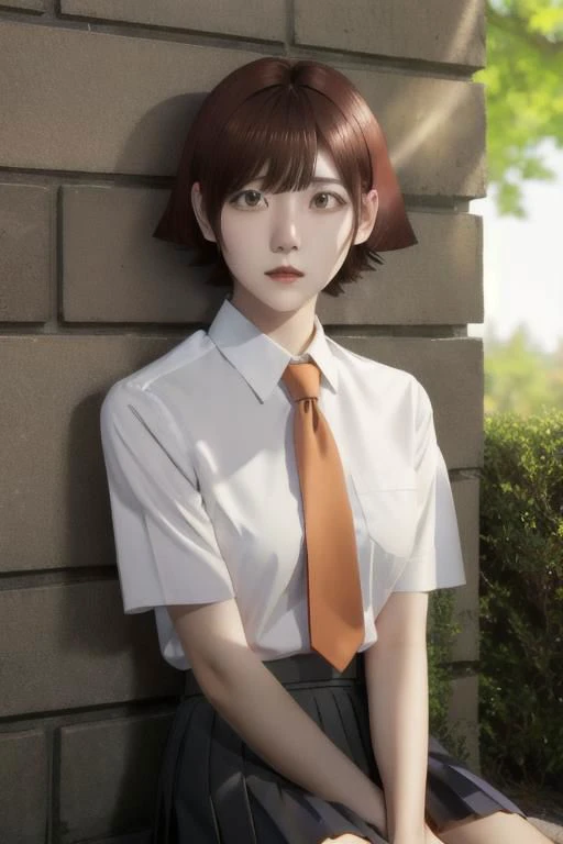 1woman, short hair, asymmetric hair, hime cut, white collared shirt, black pleated skirt, necktie, mira_yoo, short hair, brown eyes, brown hair, white collared shirt, black pleated skirt, she is sitting at brick wall, water flooe, tree canopy, sunlit, weak lights and shadows