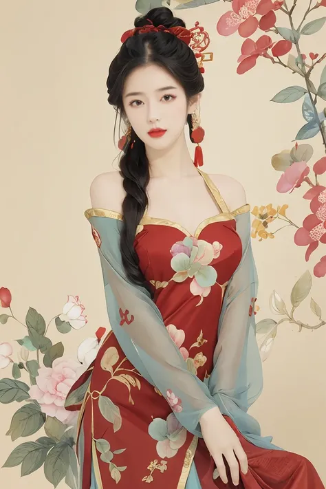 1girl,long hair,solo,colorful dress,hair ornament,jewelry,colorful flower,hair flower,(longANDred chinese dress:1.5),hanfu,holding,breasts,puffy sleeves,brown hair,looking at viewer,black hair,lips,brown eyes,shoulder cutout,wavy hair,parted lips,first,paint the background with vibrant colors,(colorful flower background:1.5),colorful and beautiful,waistband,<lora:anxiang:0.7>,watercolor painting,